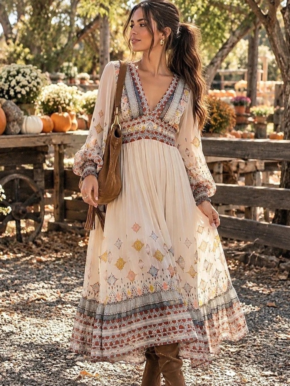 Free People Wishing 149Metallic Stripe Boho Printed Midi Dress, Size Large